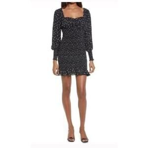 Row A Women's‎ Polka Dot Smocked Long Sleeve Minidress In Black Medium MSRP $49